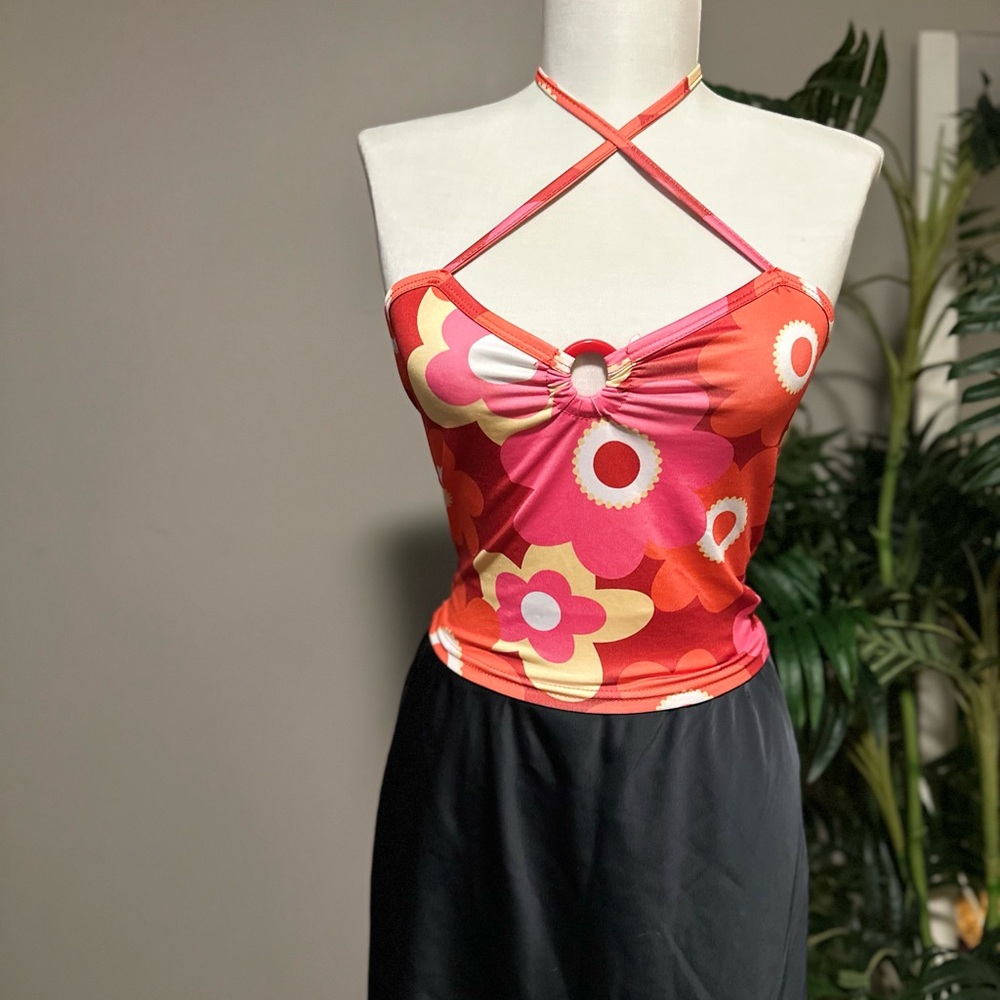 Floral Halter Top in Red and Pink | Y2K retro ring detail summer floral halter